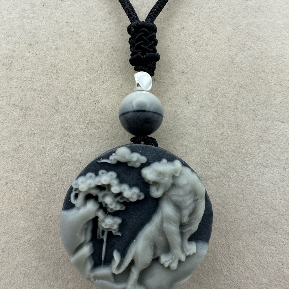 Tai Chi Stone Tiger Pendant Necklace with Silver Accent Bead on Adjustable Rope - Picture 6 of 10